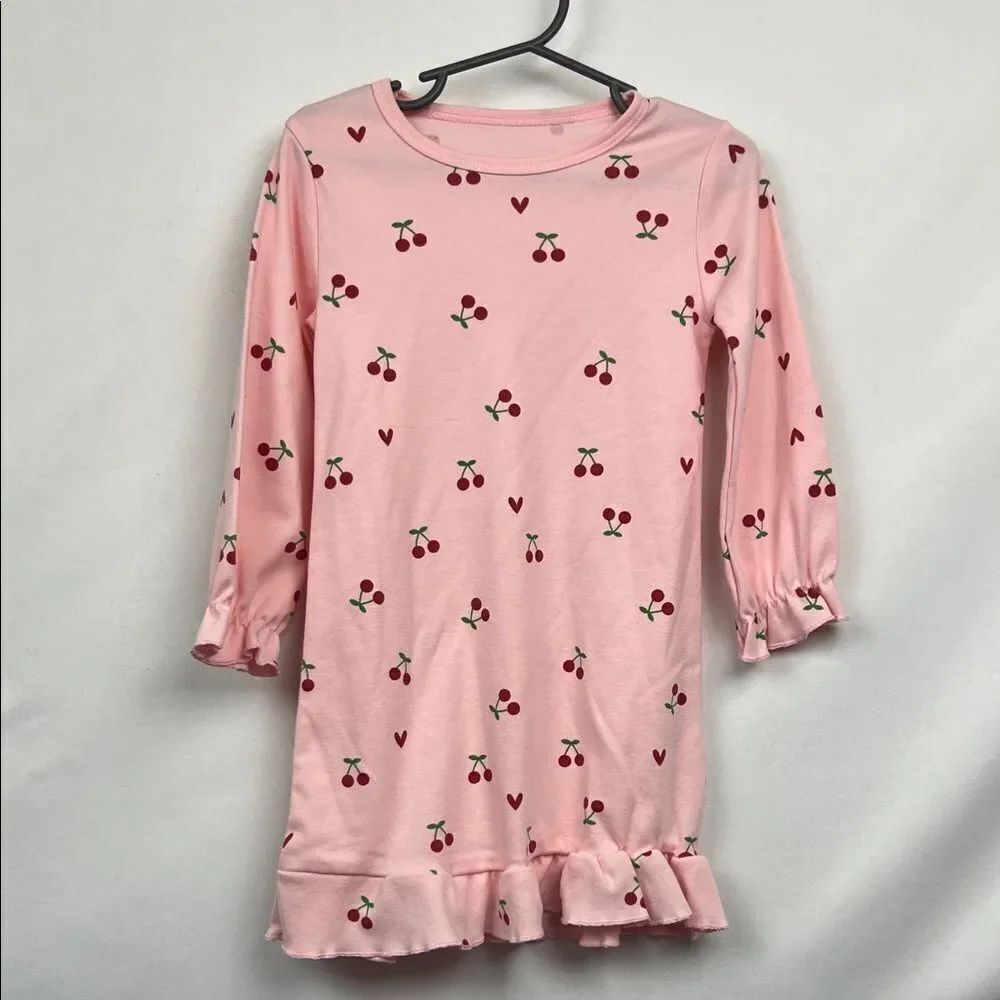 Little Hands pink ruffle hem heart and cherry print cotton nightgown size 3T